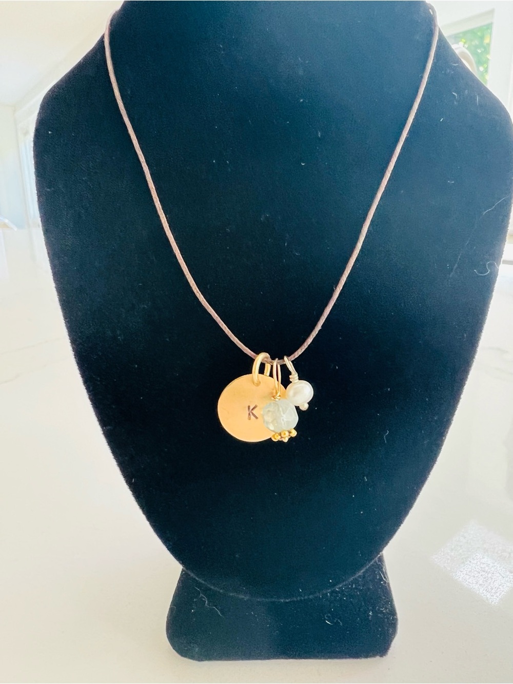 ‘K’ Pendant Necklace with Gold Disc -Pearl & Aquamarine Birthstones